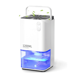 1200ml Mini Electric Dehumidifier – Ultra Quiet, Auto Shut-Off, 7-Color LED for Bedroom, Wardrobe, Bathroom, RV, White